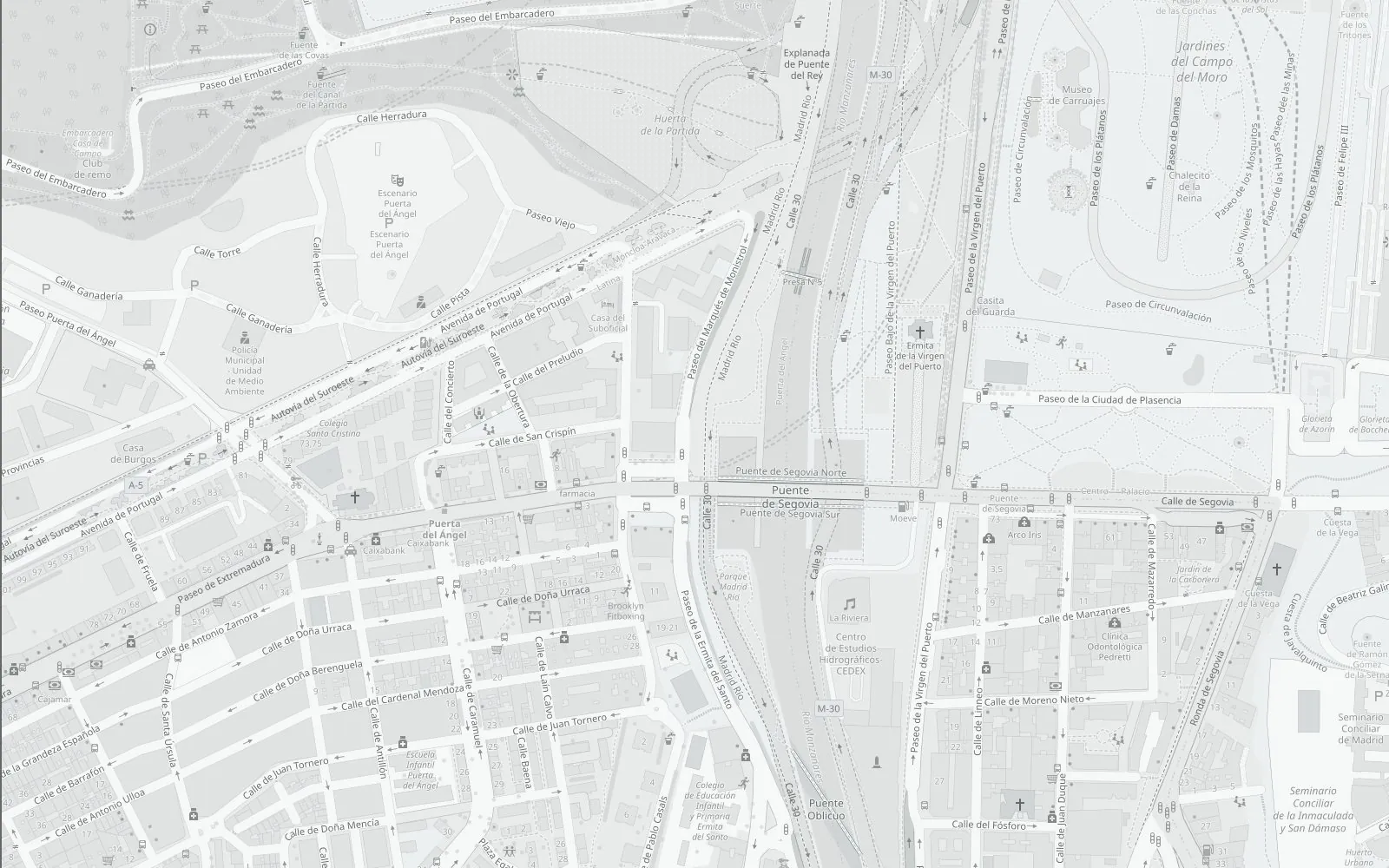 Mapa de la zona del estudio AthletePro, en Puerta del Ángel, junto a Madrid Río y el Puente de Segovia